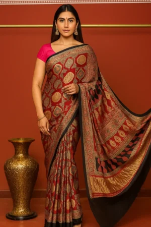 Image of a woman wearing Ajrakh Modal Silk Saree by Kaarigar