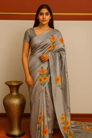 Kaarigar mulberry silk saree in pomegranate grey