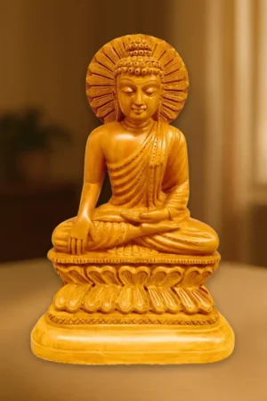 white wood meditating buddha by kaarigar handicrafts