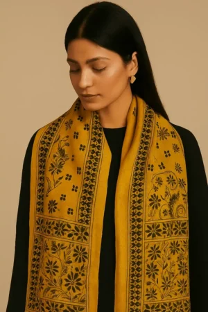 A woman wearing pure silk scarf for girls by kaarigar