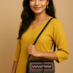 image a girl wearing women leather bag made by karigar
