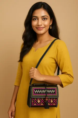 image a girl wearing women leather bag made by karigar