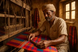 image of karigar using his karigari skills for making of handloom saree by kaarigar brand